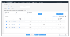 Screenshot of myPay software dashboard with options to select payroll type, employee type, department filter, and a list of employees